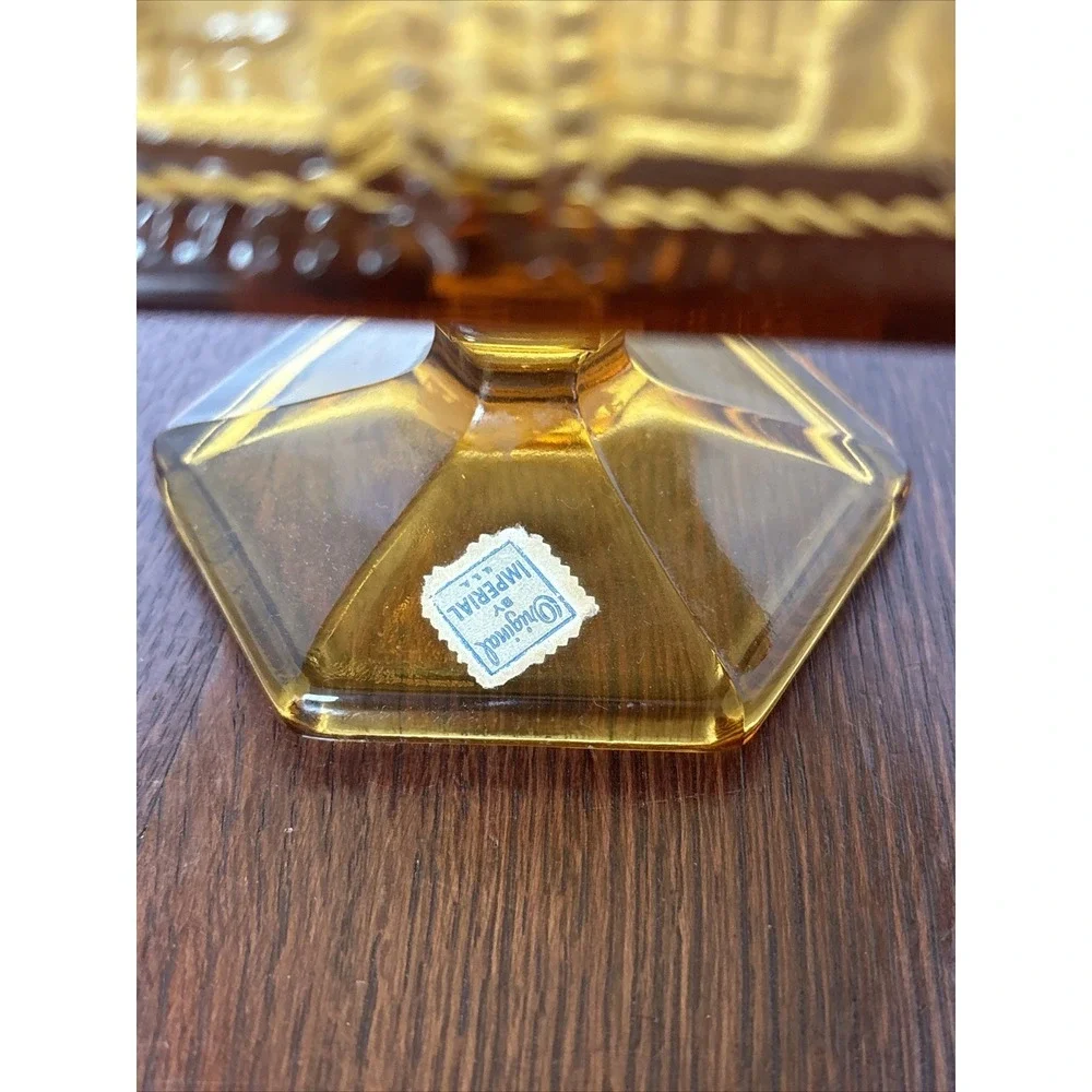 Vintage Imperial Glass Springerle Amber Pedestal Compote Candy Dish With Sticker